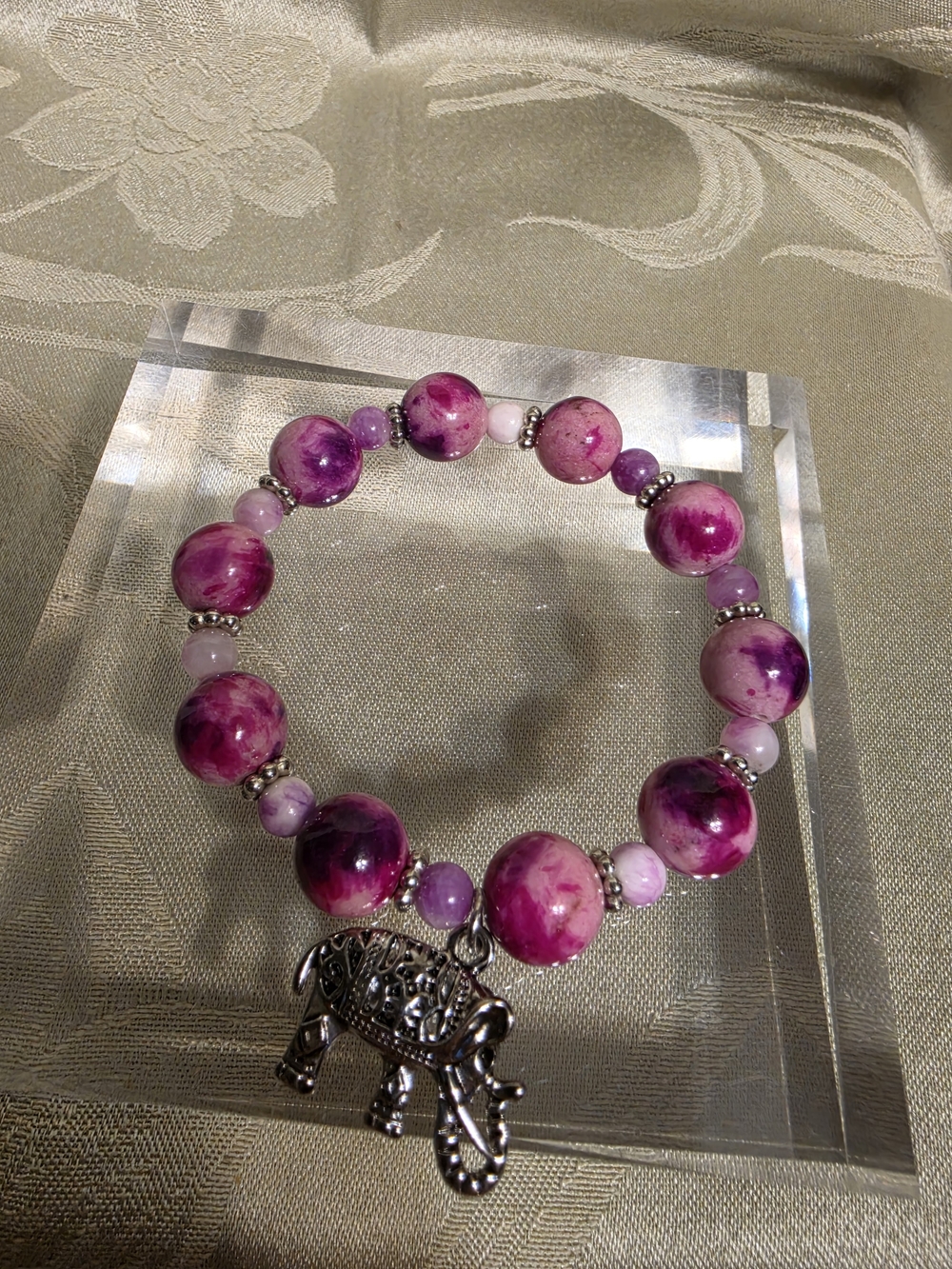 #1233 Handmade Pink Sea Sediment Jasper Beaded Bracelet with Elephant Charm